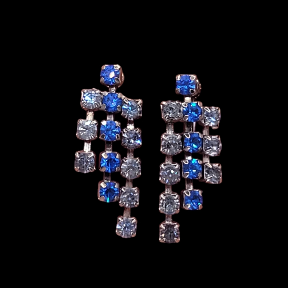Vtg Art Deco Blue Glass Rhinestone Dangle Fringe Screwback Earrings Silver 1.5"